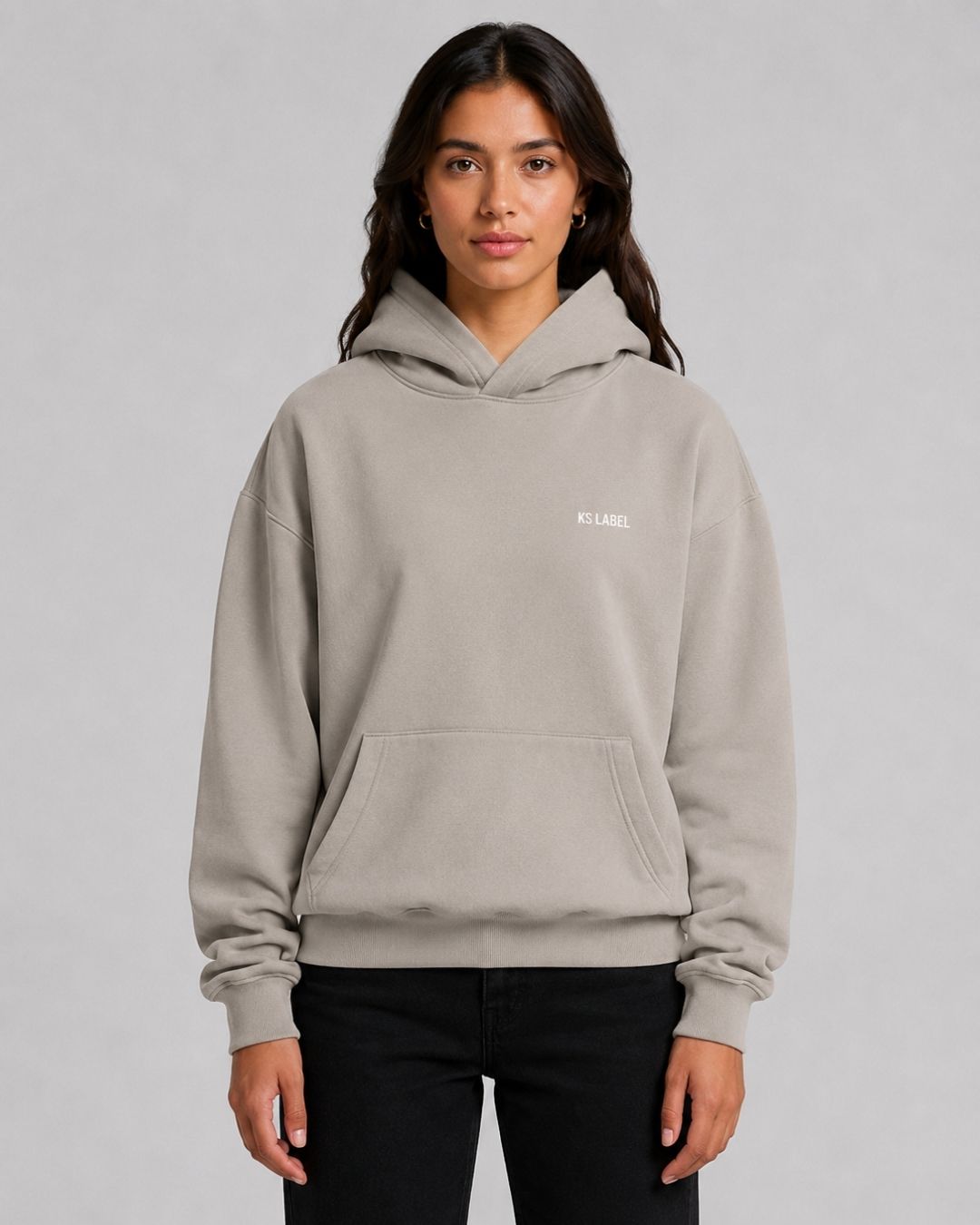 Her Era Oversized Hood in Mushroom Model Front