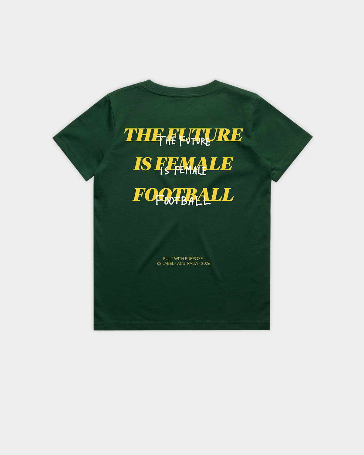 Her Era Statement Youth tee in Core Green, back flat lay with yellow The Future Is Female Football print – KS Label