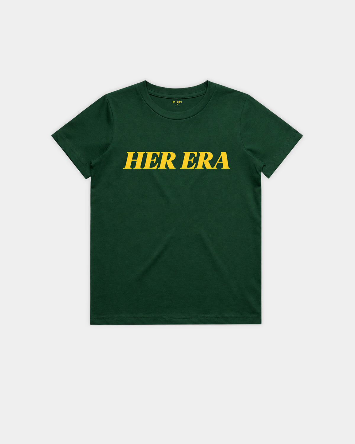 Her Era Statement Youth tee in Core Green, front flat lay with yellow HER ERA print – KS Label