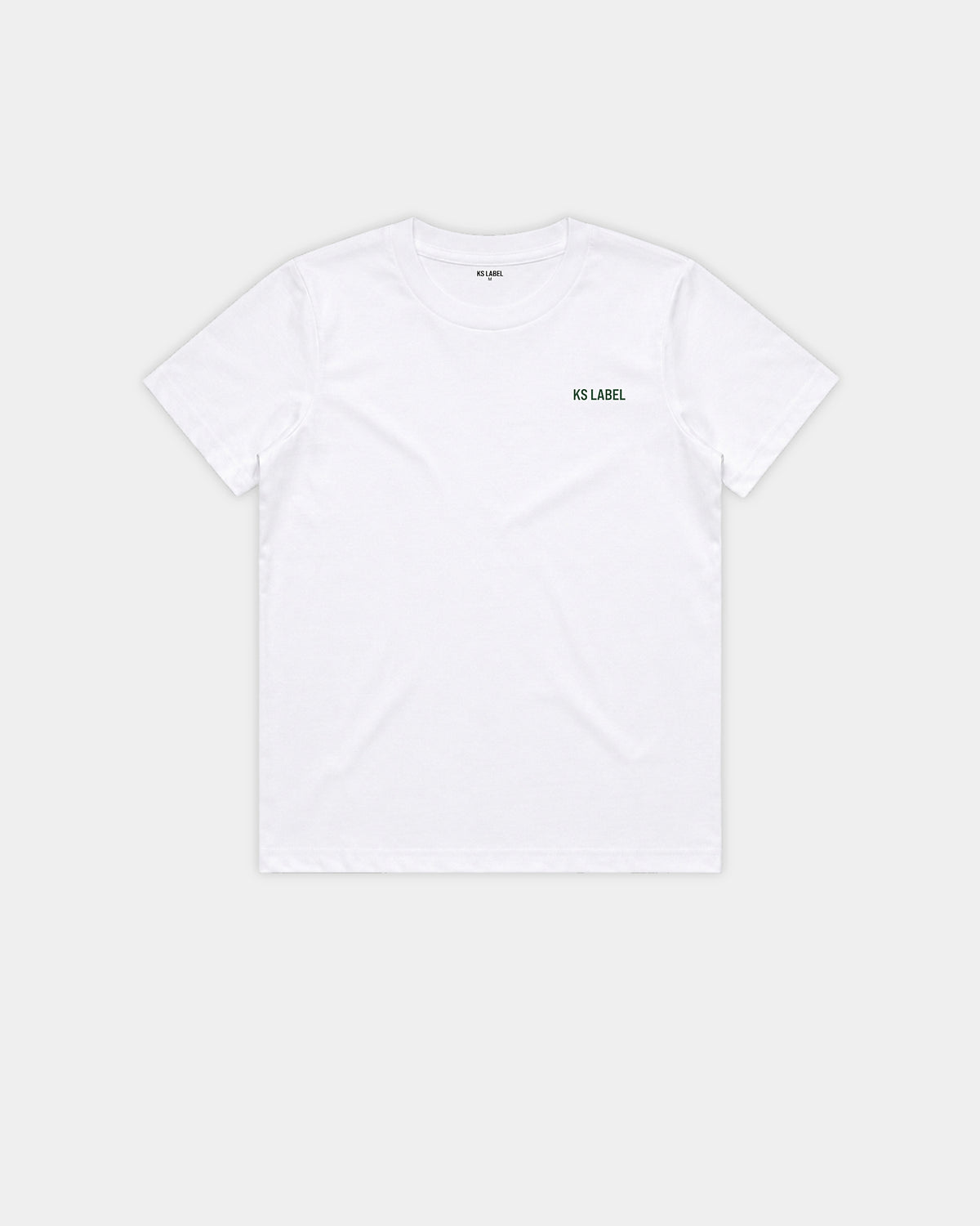 She Can Youth tee in Core White, front flat lay with KS LABEL chest logo – KS Label