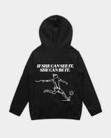 SHE CAN Youth Hood in Black Flatlay BACK