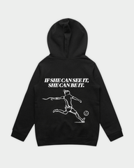 SHE CAN Youth Hood in Black Flatlay BACK