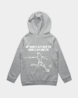 SHE CAN Youth Hood in Grey Marle Flatlay Back