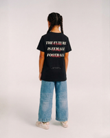 Model wearing the back of the black Her Era Essential Youth tee by KS Label