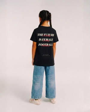 Model wearing the back of the black Her Era Essential Youth tee by KS Label