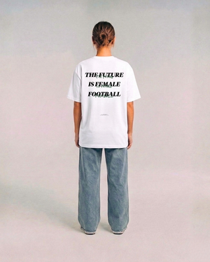 Model wearing the back of the white Her Era Oversized by KS Label